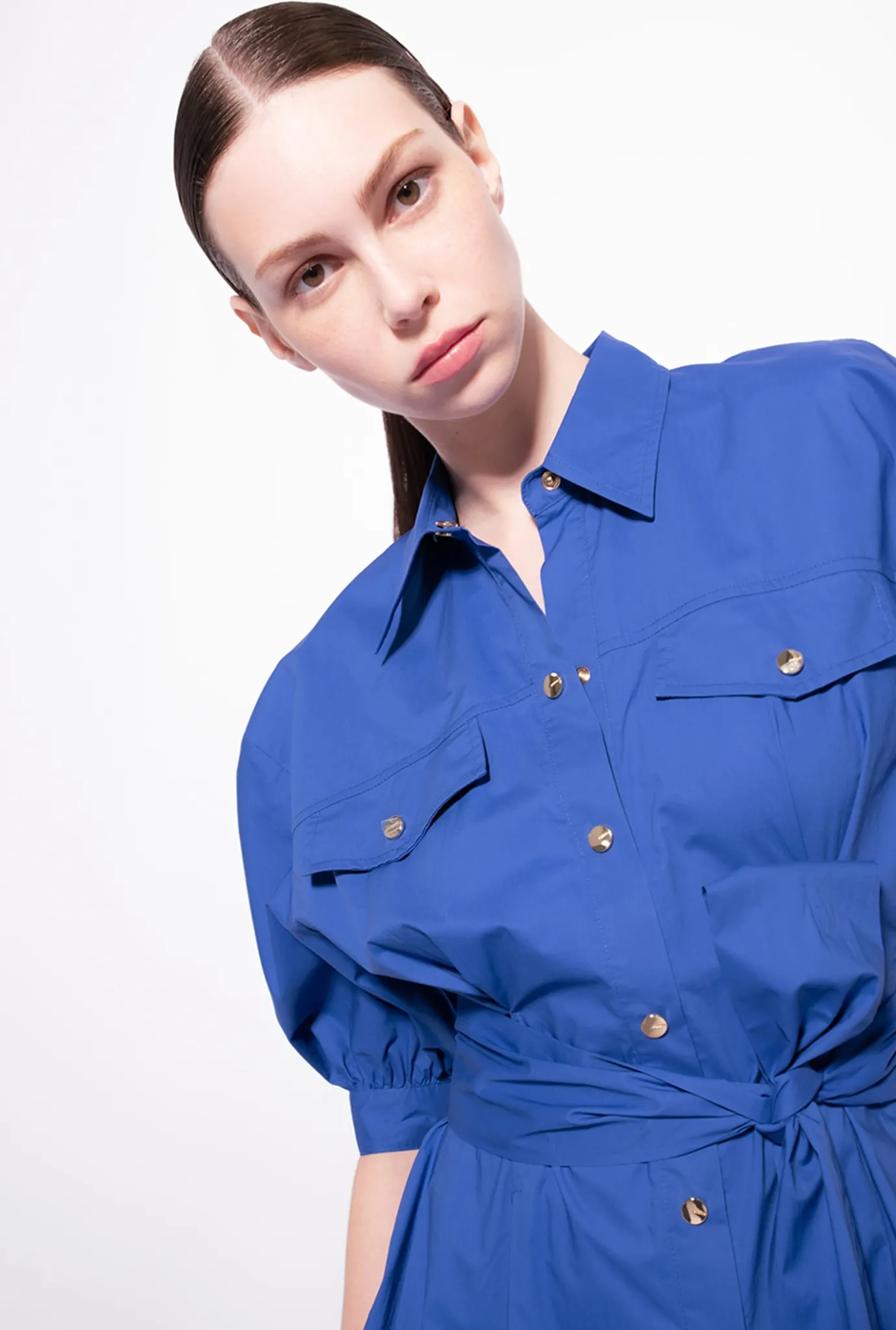 Robes|PINKO Robe Chemise Ceinturee En Popeline De Coton Bleu Surf Sur Le Web