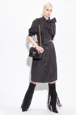 Robes|PINKO Robe Chemise Ceinturee En Popeline De Coton Noir Limousine