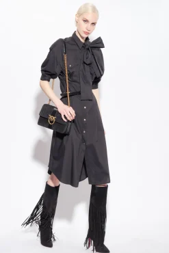 Robes|PINKO Robe Chemise Ceinturee En Popeline De Coton Noir Limousine