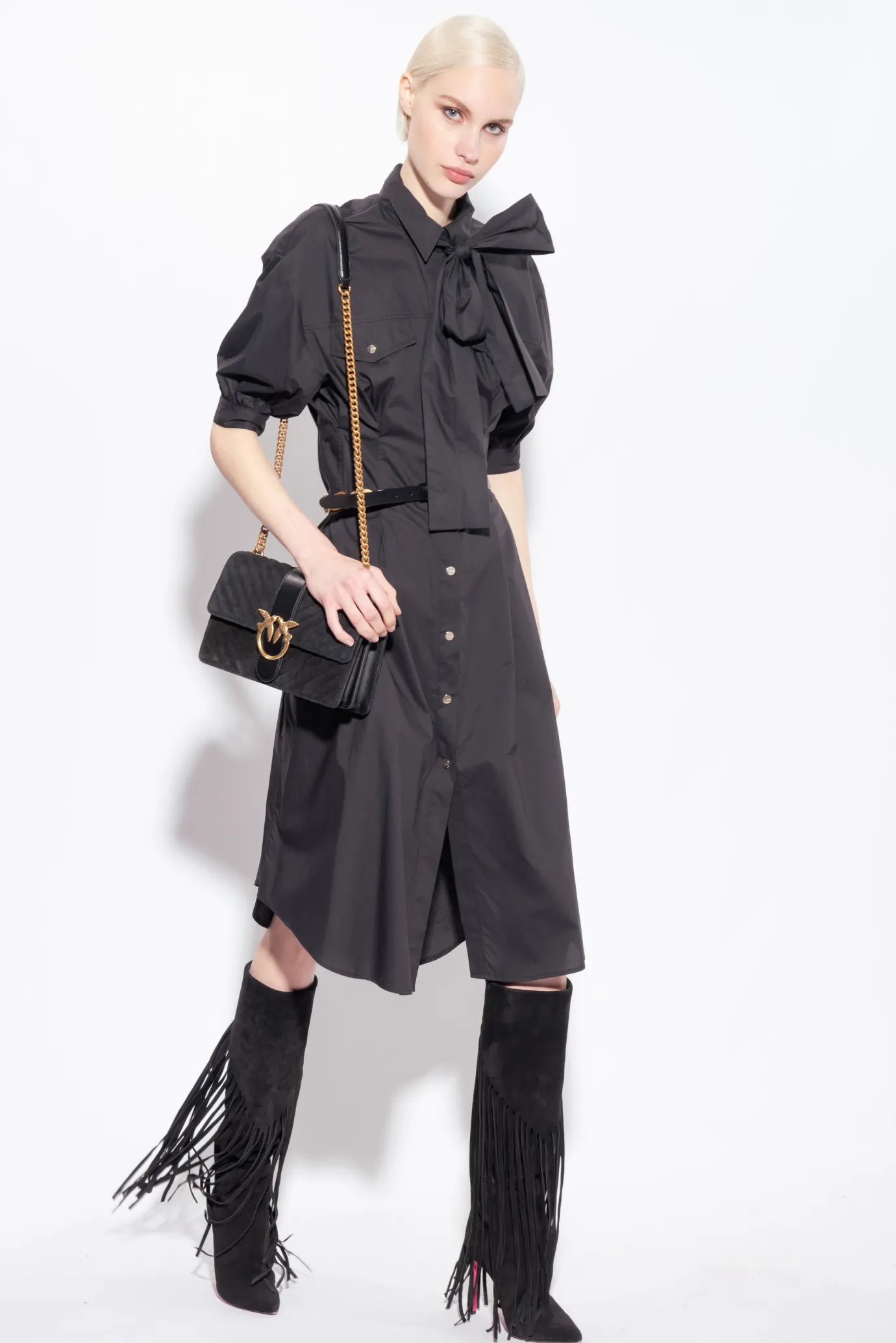 Robes|PINKO Robe Chemise Ceinturee En Popeline De Coton Noir Limousine