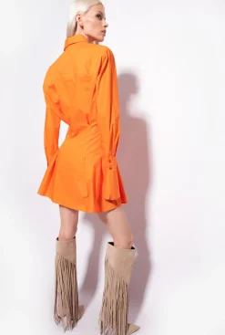 Robes|PINKO Robe Chemise Courte En Popeline De Coton Orange Vibrant