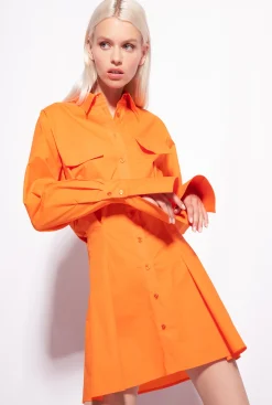 Robes|PINKO Robe Chemise Courte En Popeline De Coton Orange Vibrant