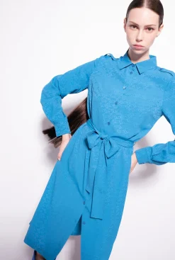 Robes|PINKO Robe Chemise En Jacquard A Logo Bleu Directoire