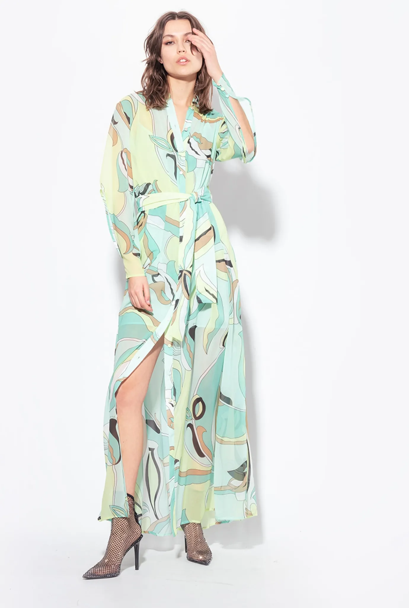 Robes|PINKO Robe Chemise En Voile A Imprime Fleuri Multicolore - Vert D'Eau/Beige