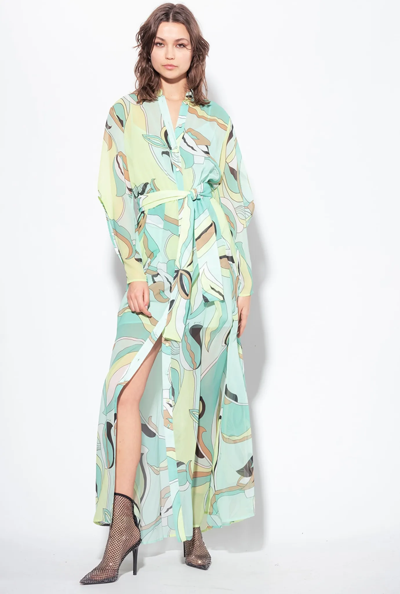 Robes|PINKO Robe Chemise En Voile A Imprime Fleuri Multicolore - Vert D'Eau/Beige