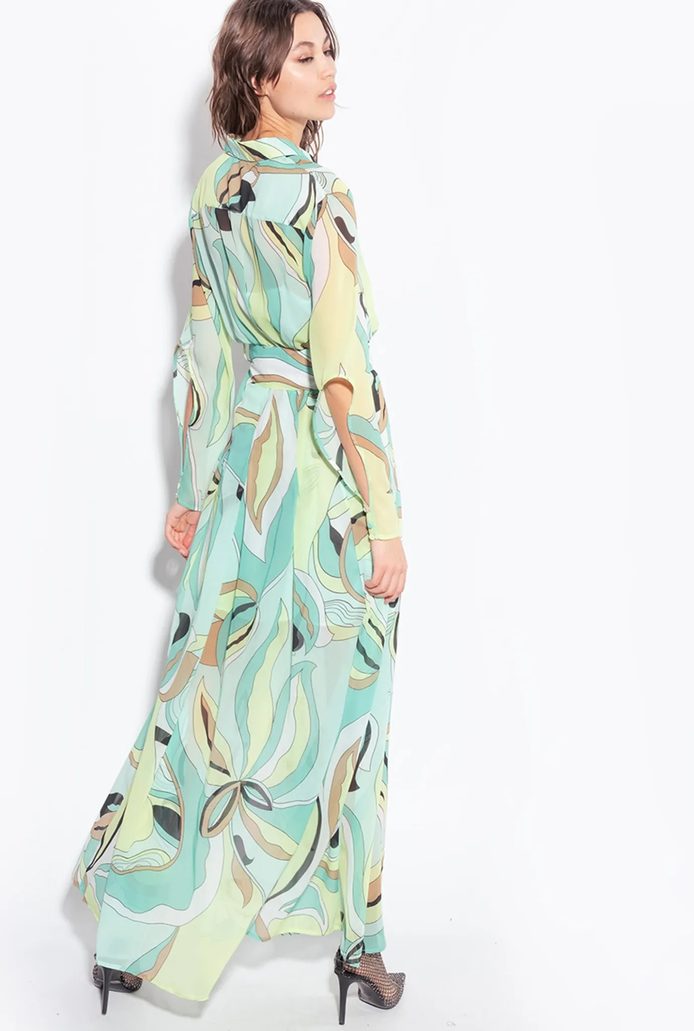 Robes|PINKO Robe Chemise En Voile A Imprime Fleuri Multicolore - Vert D'Eau/Beige