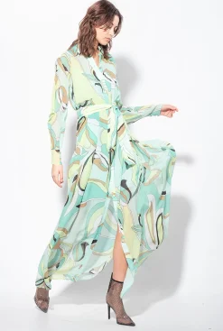 Robes|PINKO Robe Chemise En Voile A Imprime Fleuri Multicolore - Vert D'Eau/Beige