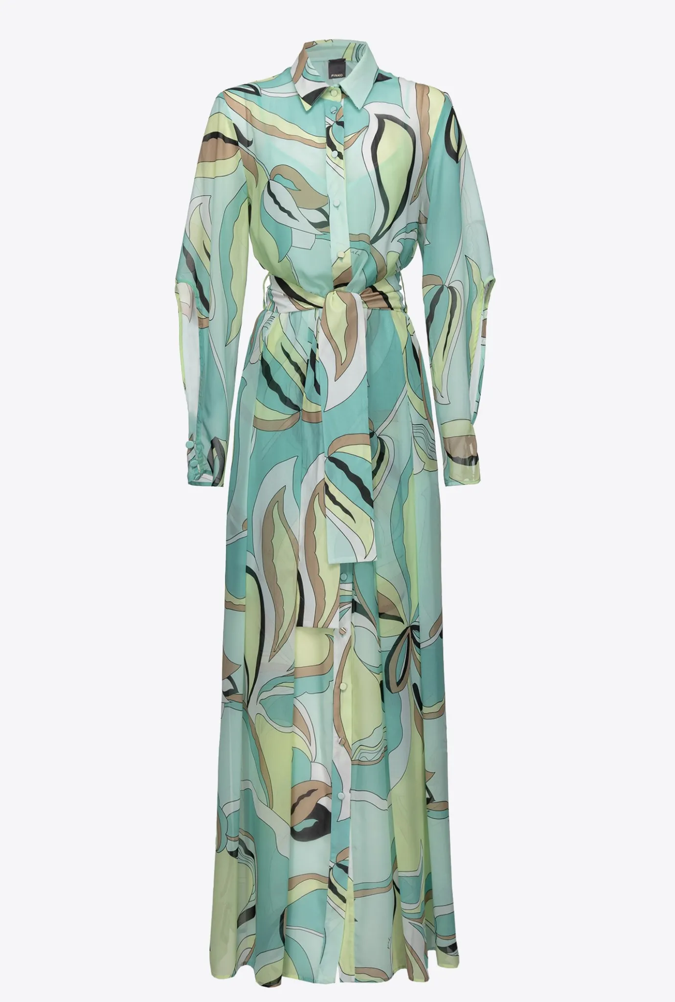 Robes|PINKO Robe Chemise En Voile A Imprime Fleuri Multicolore - Vert D'Eau/Beige