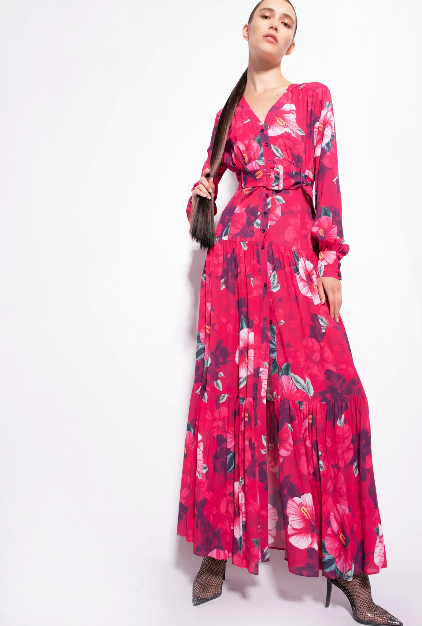 Robes|PINKO Robe Chemise Longue A Imprime Hibiscus Multi.Fuchsia/Rose