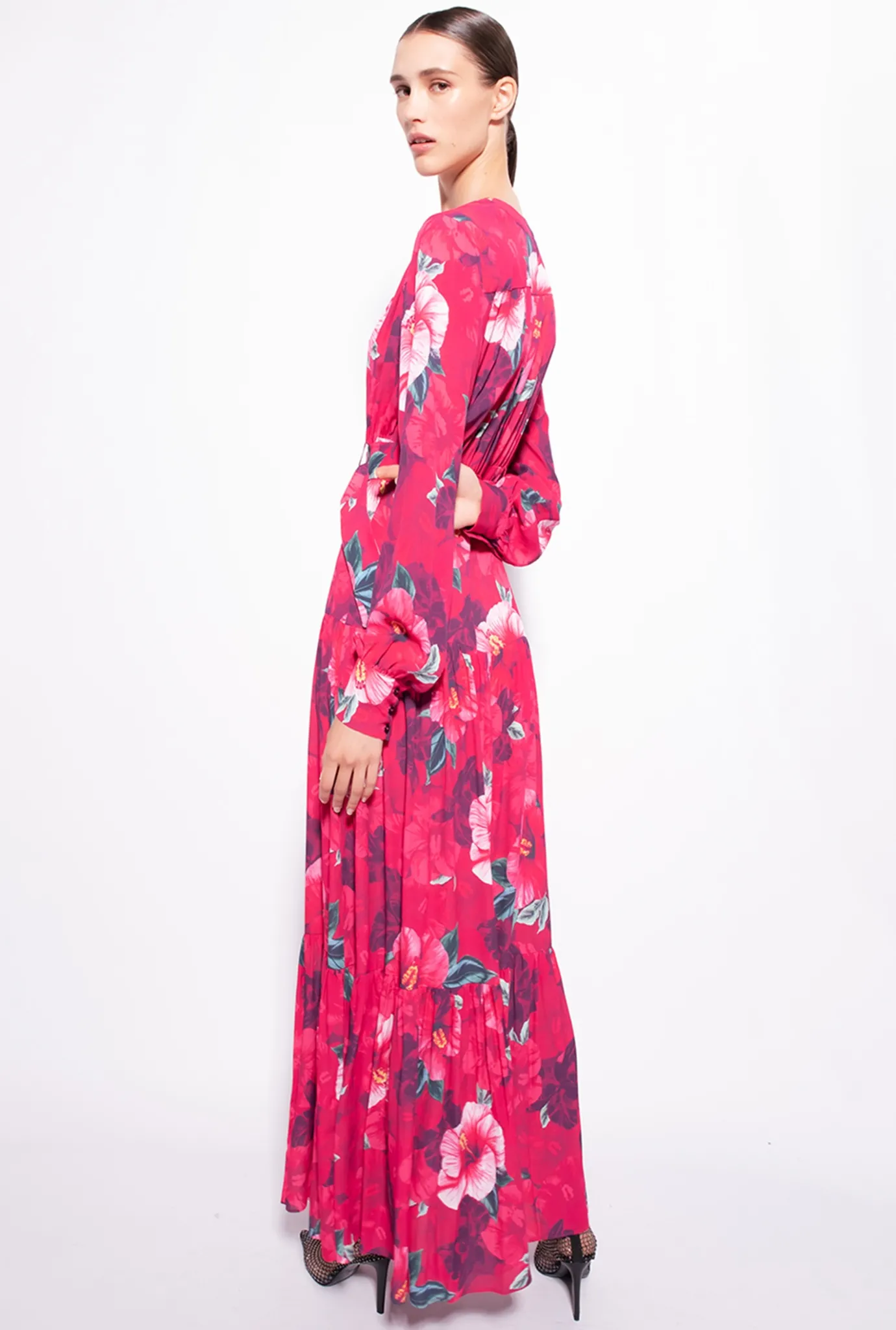Robes|PINKO Robe Chemise Longue A Imprime Hibiscus Multi.Fuchsia/Rose