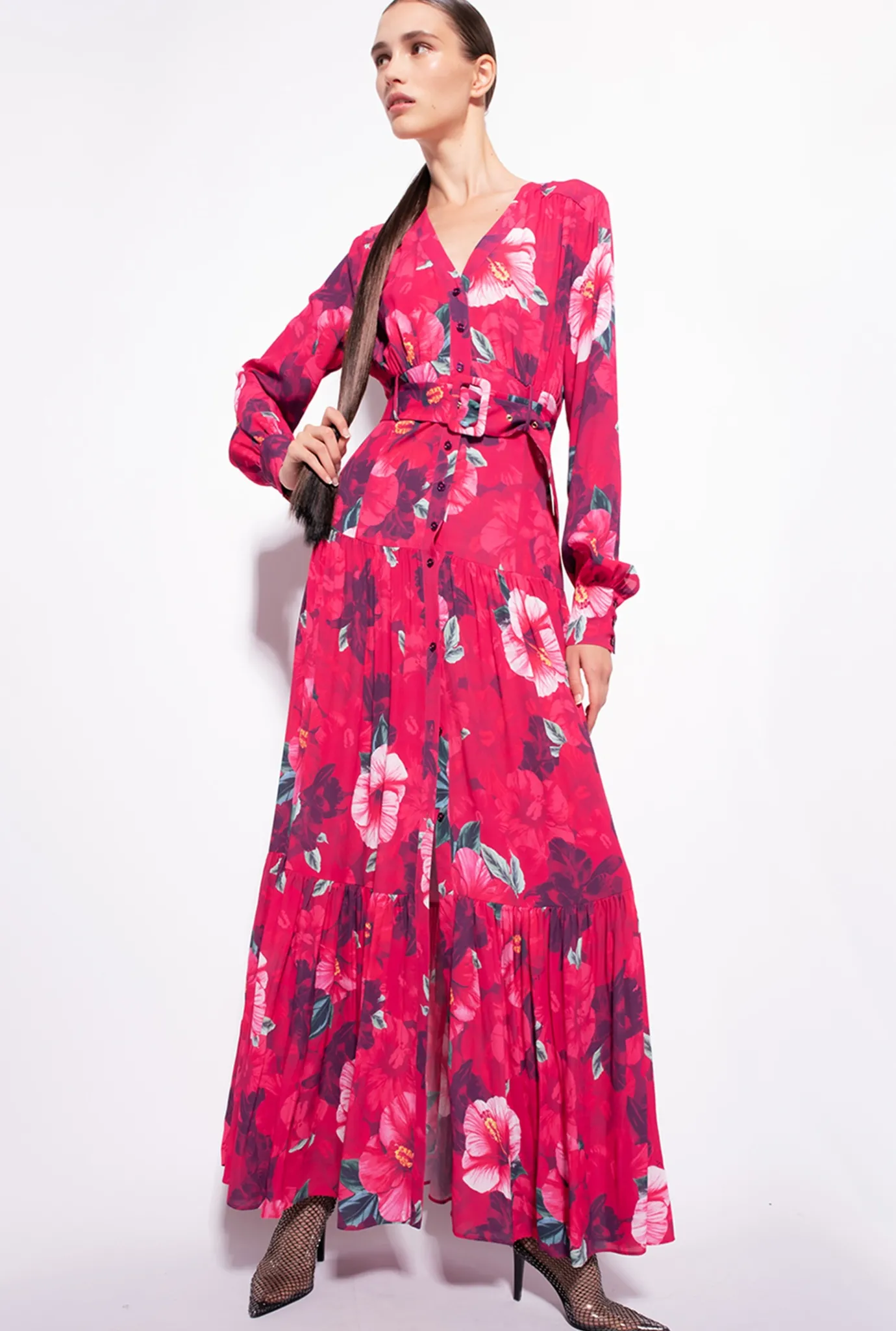 Robes|PINKO Robe Chemise Longue A Imprime Hibiscus Multi.Fuchsia/Rose