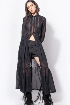 Robes|PINKO Robe Chemise Longue En Mousseline Noir Limousine