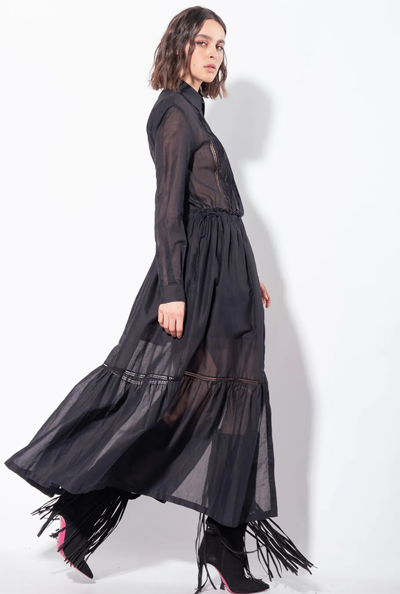Robes|PINKO Robe Chemise Longue En Mousseline Noir Limousine