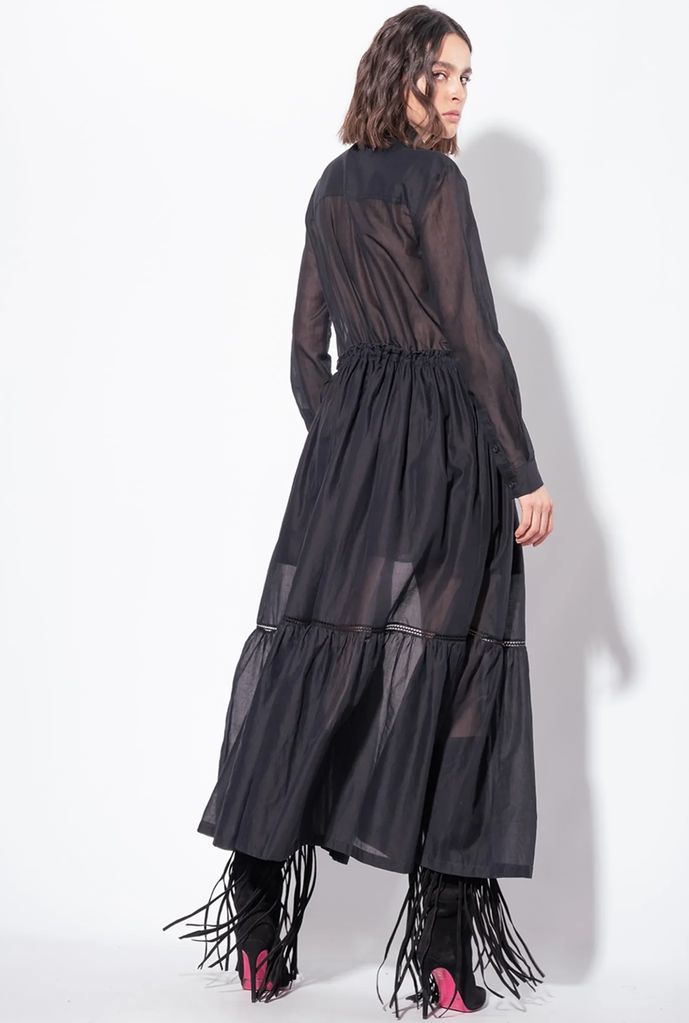 Robes|PINKO Robe Chemise Longue En Mousseline Noir Limousine