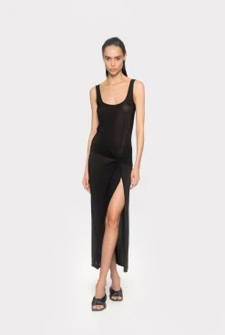 Robes|PINKO Robe Drapee Fendue En Jersey Noir Limousine