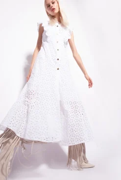 Robes|PINKO Robe En Broderie Anglaise De Coton Blanc Brill.