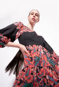 Robes|PINKO Robe En Coton A Imprime Tropical Multi. Noir/Rouge