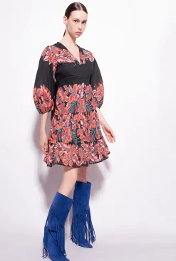 Robes|PINKO Robe En Coton A Imprime Tropical Multi. Noir/Rouge