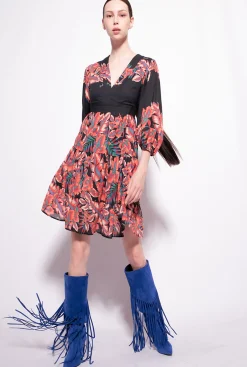 Robes|PINKO Robe En Coton A Imprime Tropical Multi. Noir/Rouge