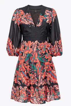 Robes|PINKO Robe En Coton A Imprime Tropical Multi. Noir/Rouge