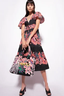 Robes|PINKO Robe En Popeline A Imprime Tropical Multi. Noir/Rouge