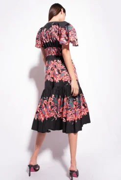 Robes|PINKO Robe En Popeline A Imprime Tropical Multi. Noir/Rouge