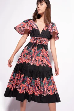 Robes|PINKO Robe En Popeline A Imprime Tropical Multi. Noir/Rouge
