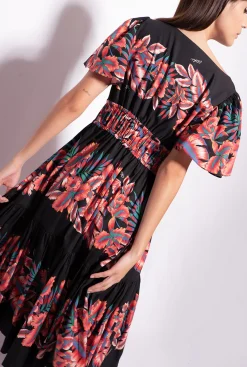 Robes|PINKO Robe En Popeline A Imprime Tropical Multi. Noir/Rouge