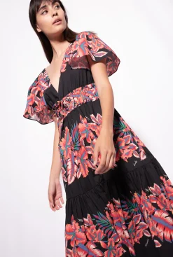 Robes|PINKO Robe En Popeline A Imprime Tropical Multi. Noir/Rouge