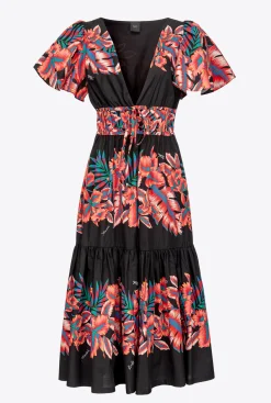 Robes|PINKO Robe En Popeline A Imprime Tropical Multi. Noir/Rouge