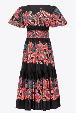 Robes|PINKO Robe En Popeline A Imprime Tropical Multi. Noir/Rouge