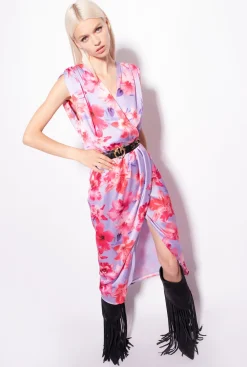 Robes|PINKO Robe En Satin A Imprime Floral Lilas/Rose Clair/Fuchsia