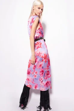 Robes|PINKO Robe En Satin A Imprime Floral Lilas/Rose Clair/Fuchsia