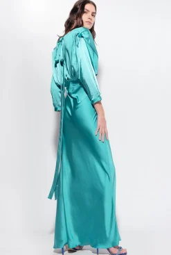 Robes|PINKO Robe En Satin Avec Noeud Bleu Ciel-Marine