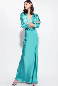 Robes|PINKO Robe En Satin Avec Noeud Bleu Ciel-Marine