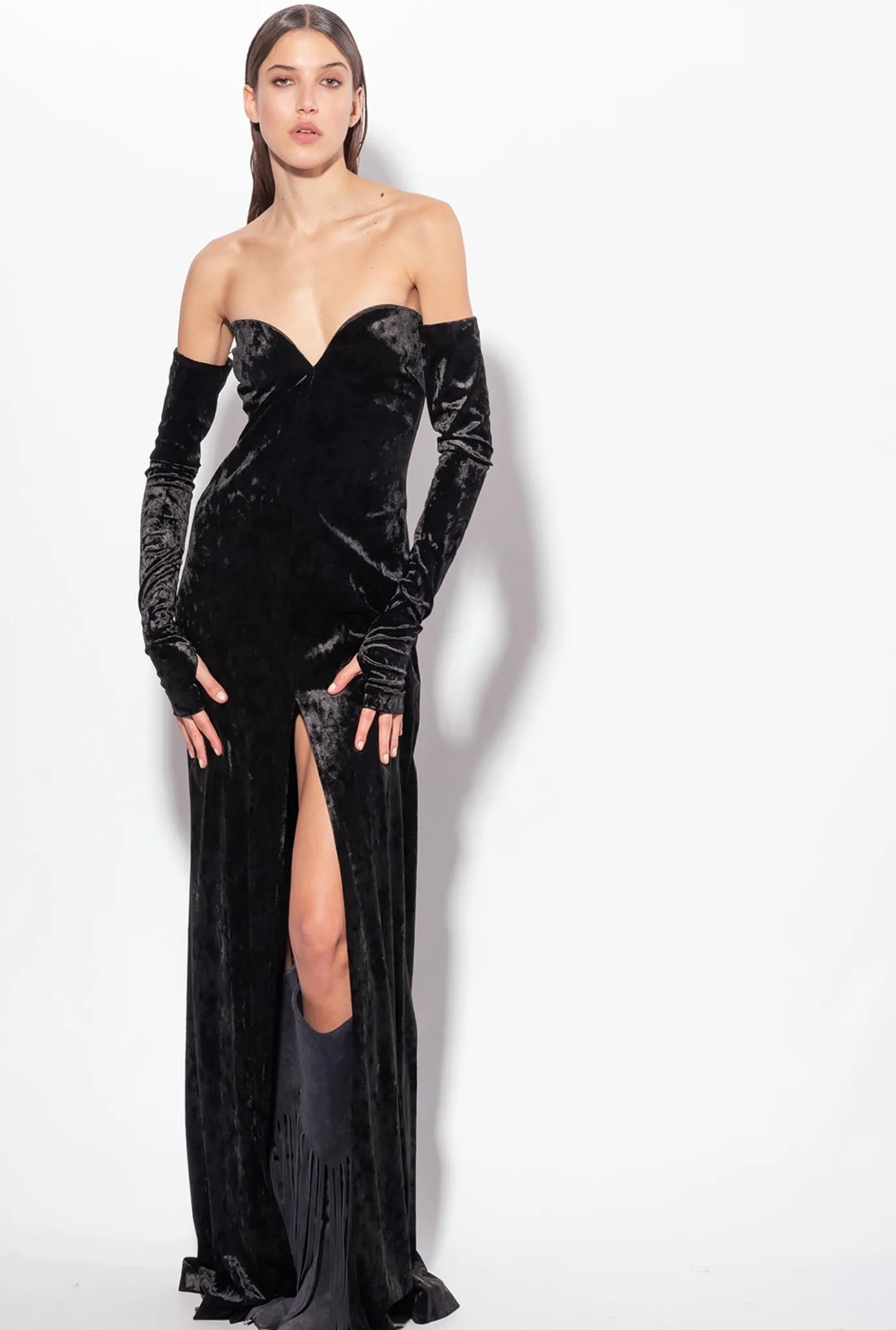 Robes|PINKO Robe En Velours A Epaules Denudees Noir Limousine