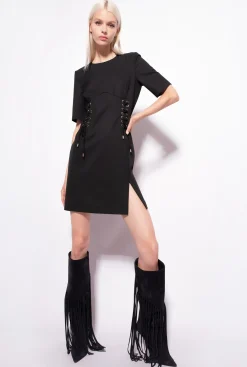 Robes|PINKO Robe Facon Corset A Lacets Noir Limousine