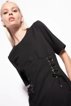 Robes|PINKO Robe Facon Corset A Lacets Noir Limousine
