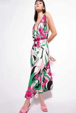 Robes|PINKO Robe Fluide A Imprime Floral Mult. Noir/Fuchsia