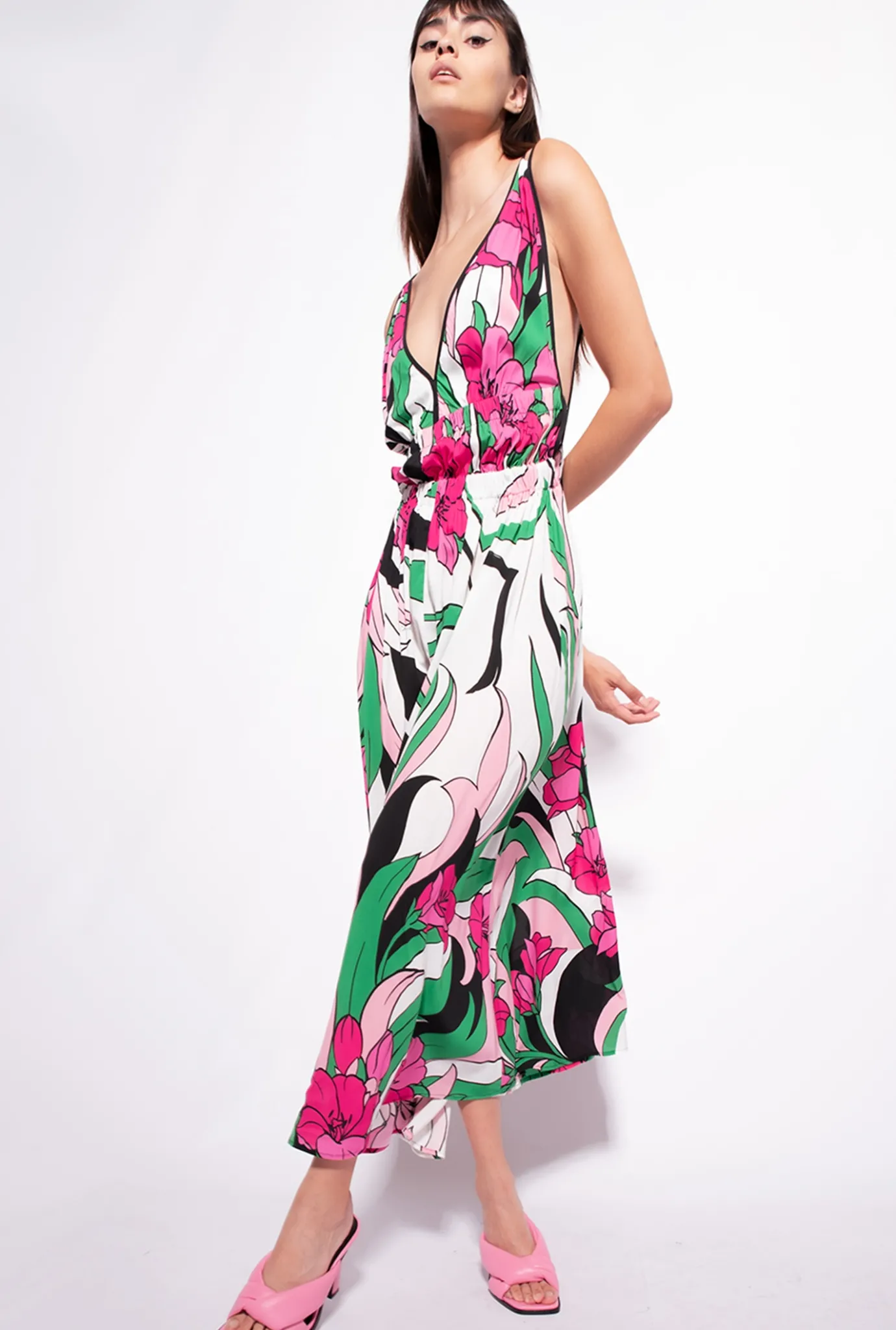Robes|PINKO Robe Fluide A Imprime Floral Mult. Noir/Fuchsia