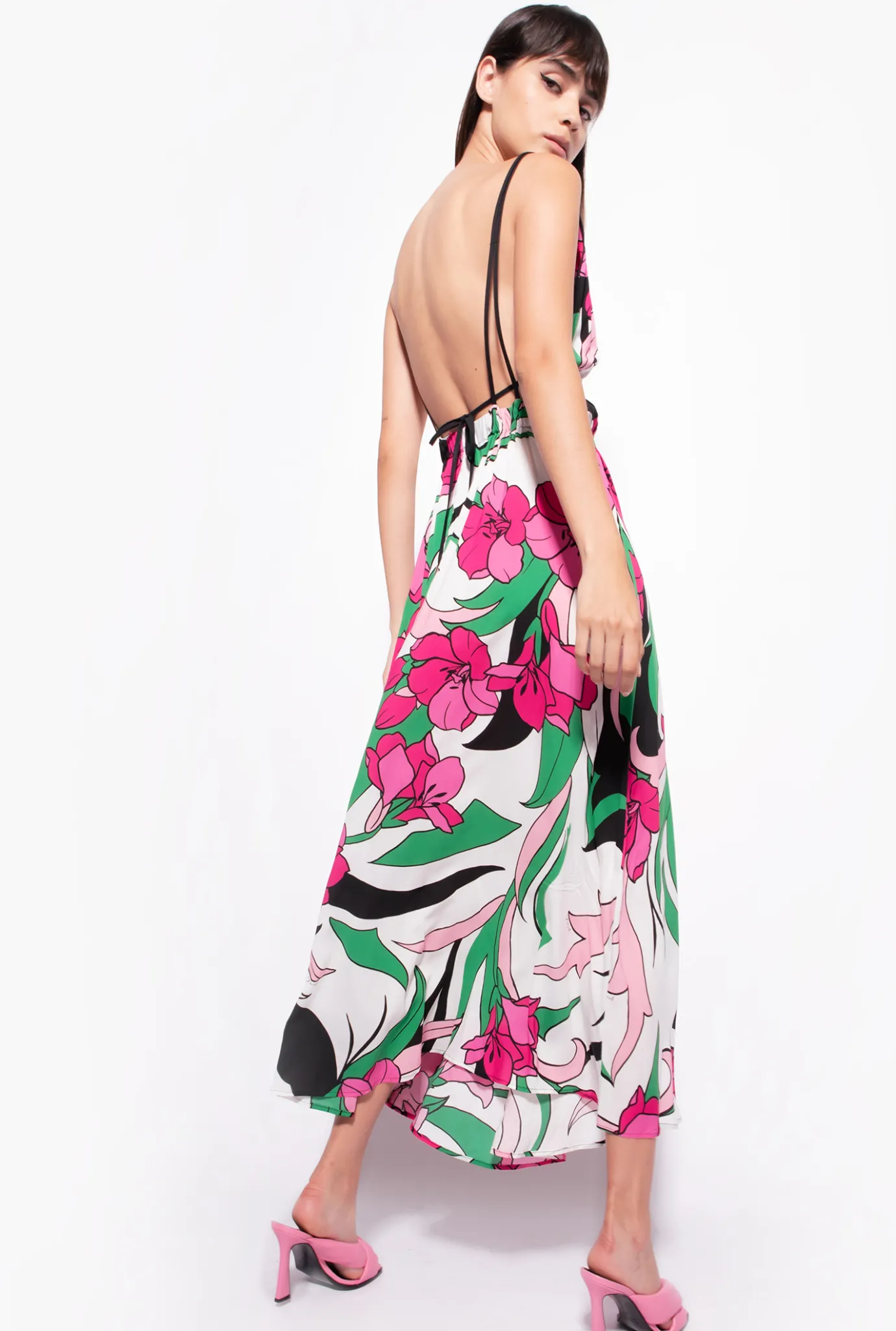 Robes|PINKO Robe Fluide A Imprime Floral Mult. Noir/Fuchsia