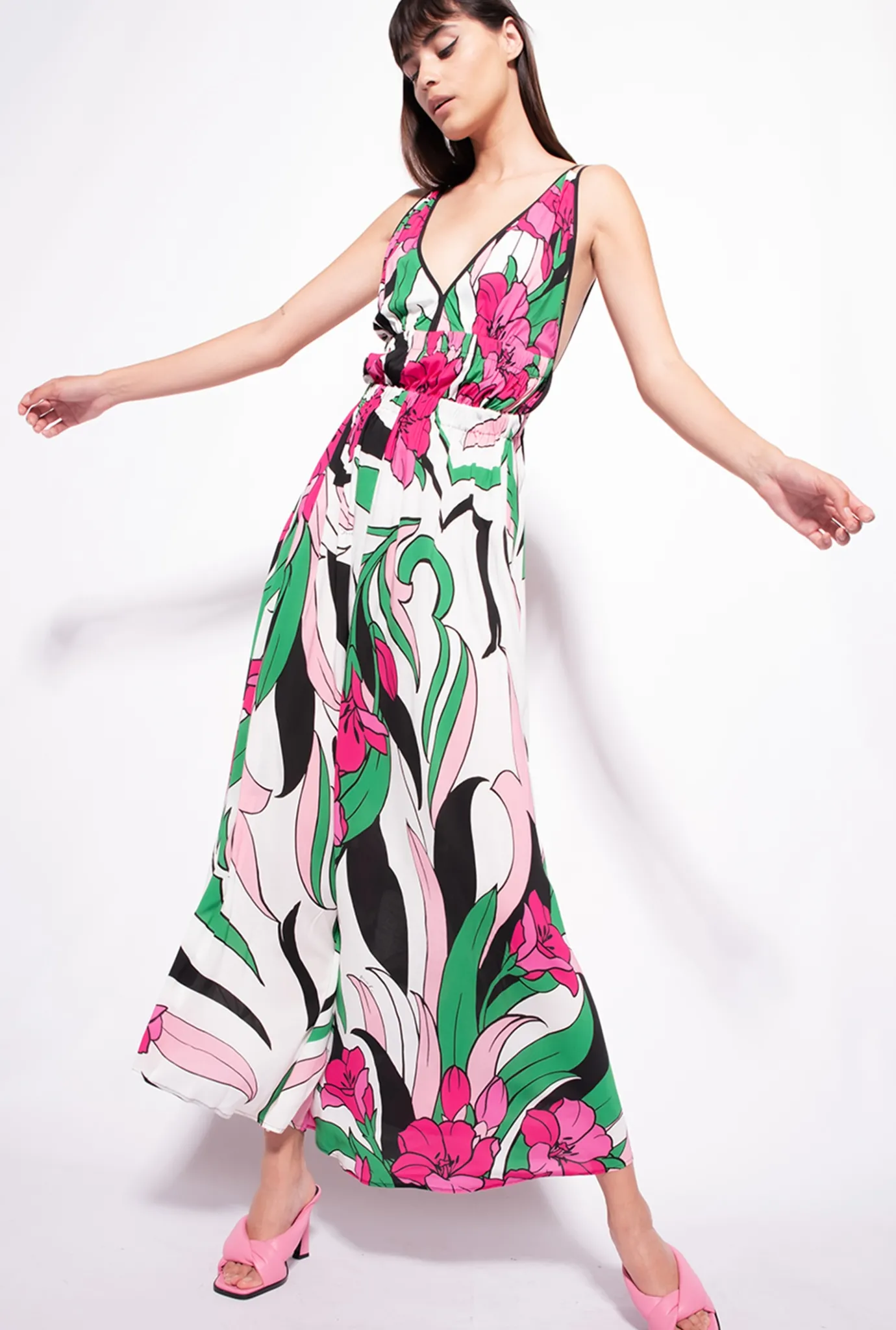 Robes|PINKO Robe Fluide A Imprime Floral Mult. Noir/Fuchsia