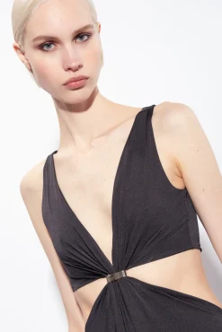 Robes|PINKO Robe Longue A Detail Metallique Noir Limousine