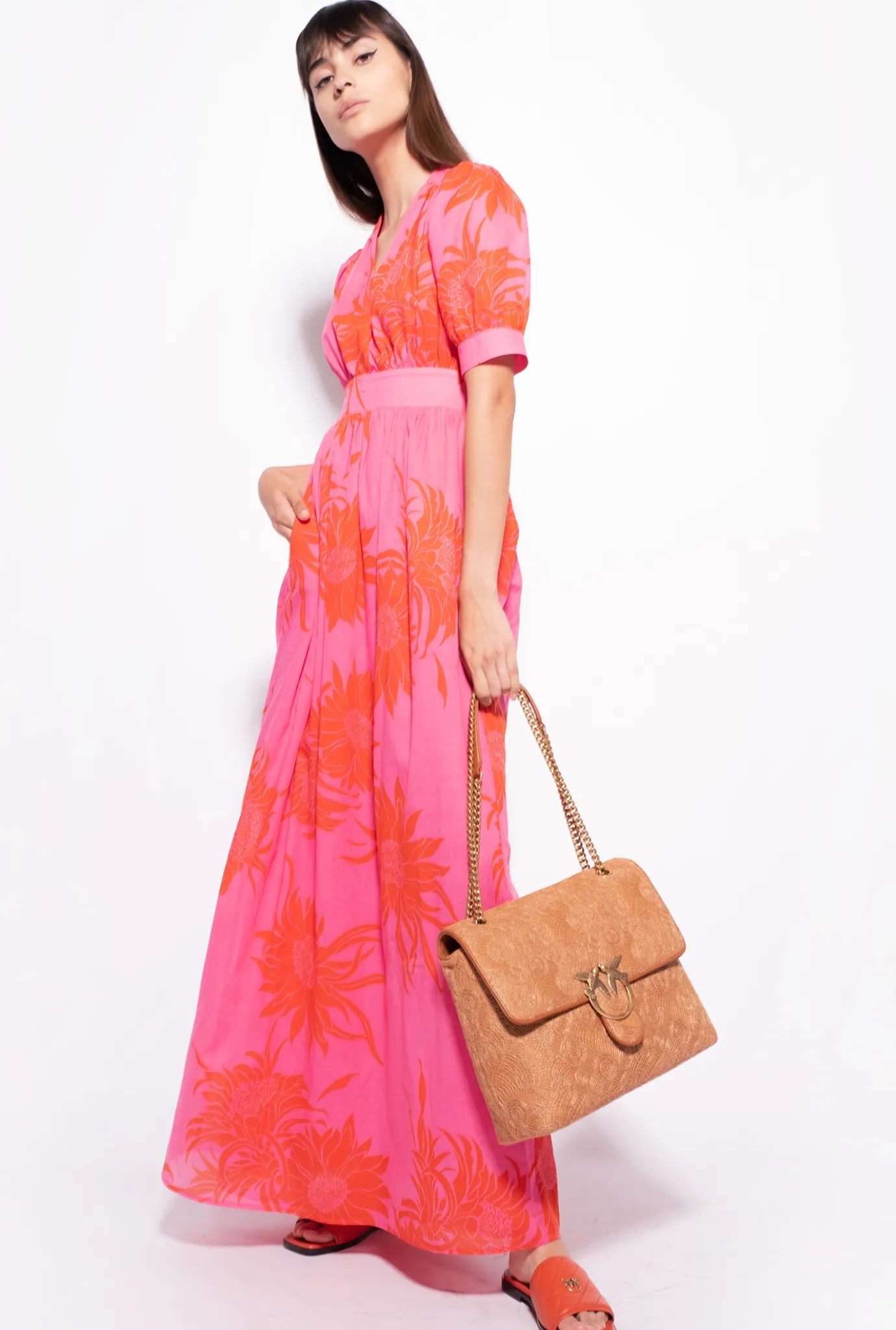 Robes|PINKO Robe Longue A Imprime Grande Fleur Rose/Rouge