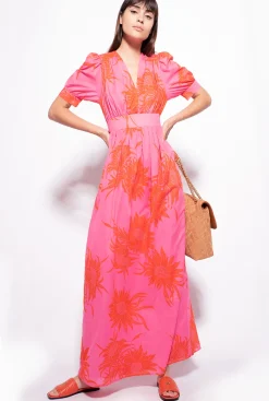 Robes|PINKO Robe Longue A Imprime Grande Fleur Rose/Rouge