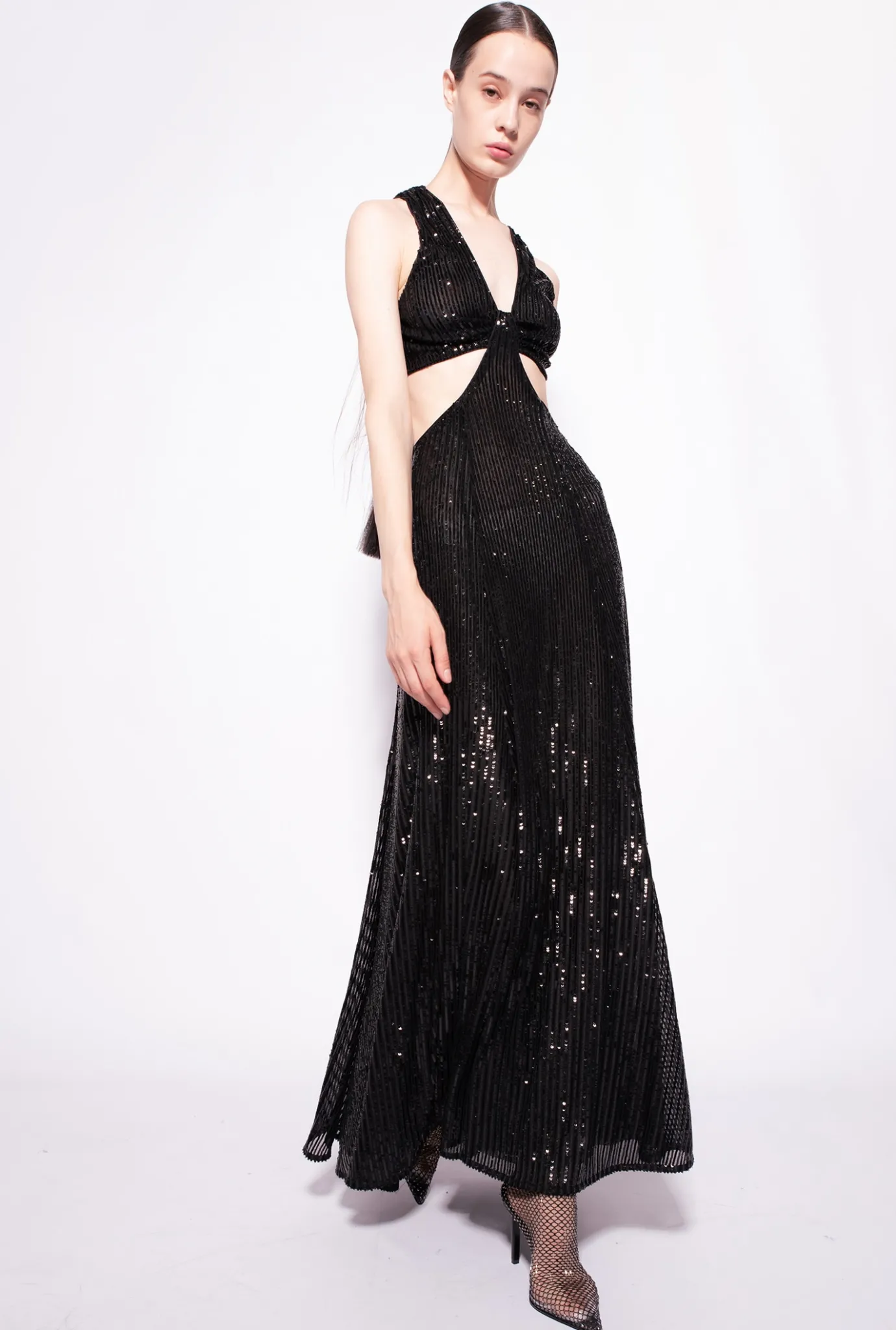 Robes|PINKO Robe Longue A Rayures Entierement Pailletee Noir Limousine