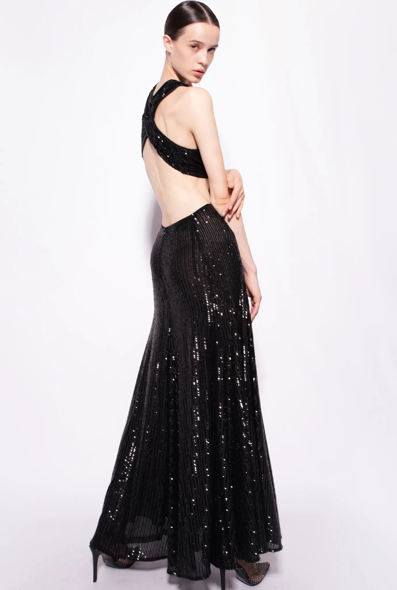 Robes|PINKO Robe Longue A Rayures Entierement Pailletee Noir Limousine