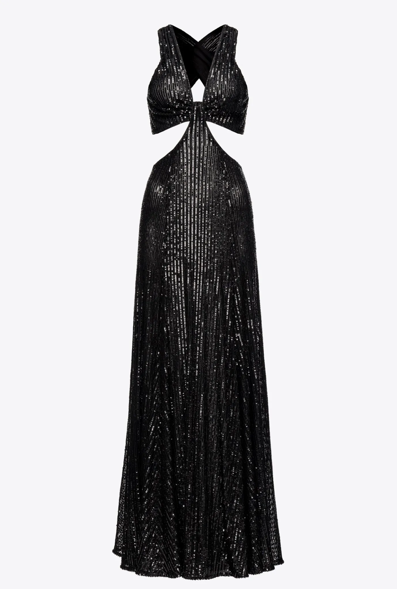 Robes|PINKO Robe Longue A Rayures Entierement Pailletee Noir Limousine
