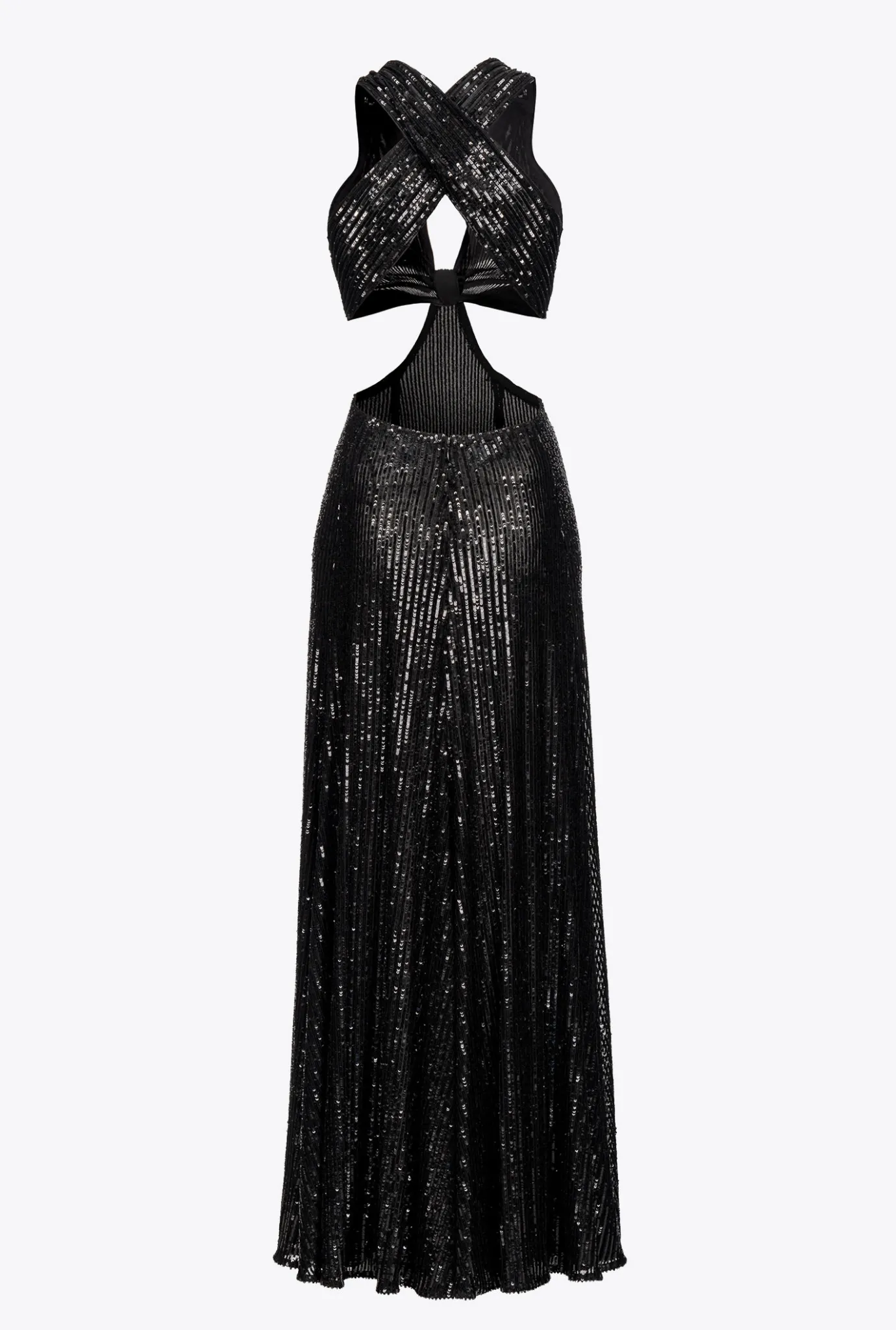 Robes|PINKO Robe Longue A Rayures Entierement Pailletee Noir Limousine