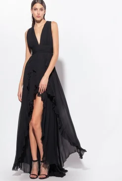 Robes|PINKO Robe Longue A Volants Noir Limousine